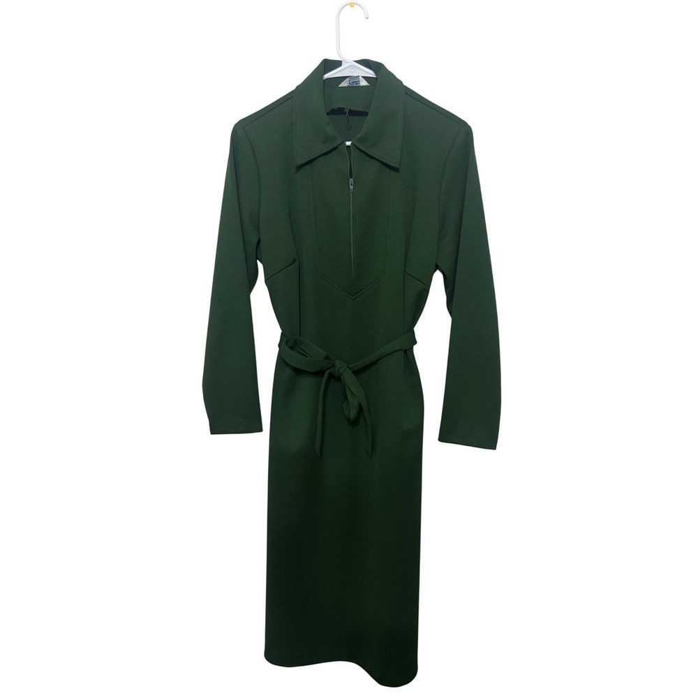 Sears 70s Vintage Green Collared Belted‎ Midi Dress Women's L see measurements!